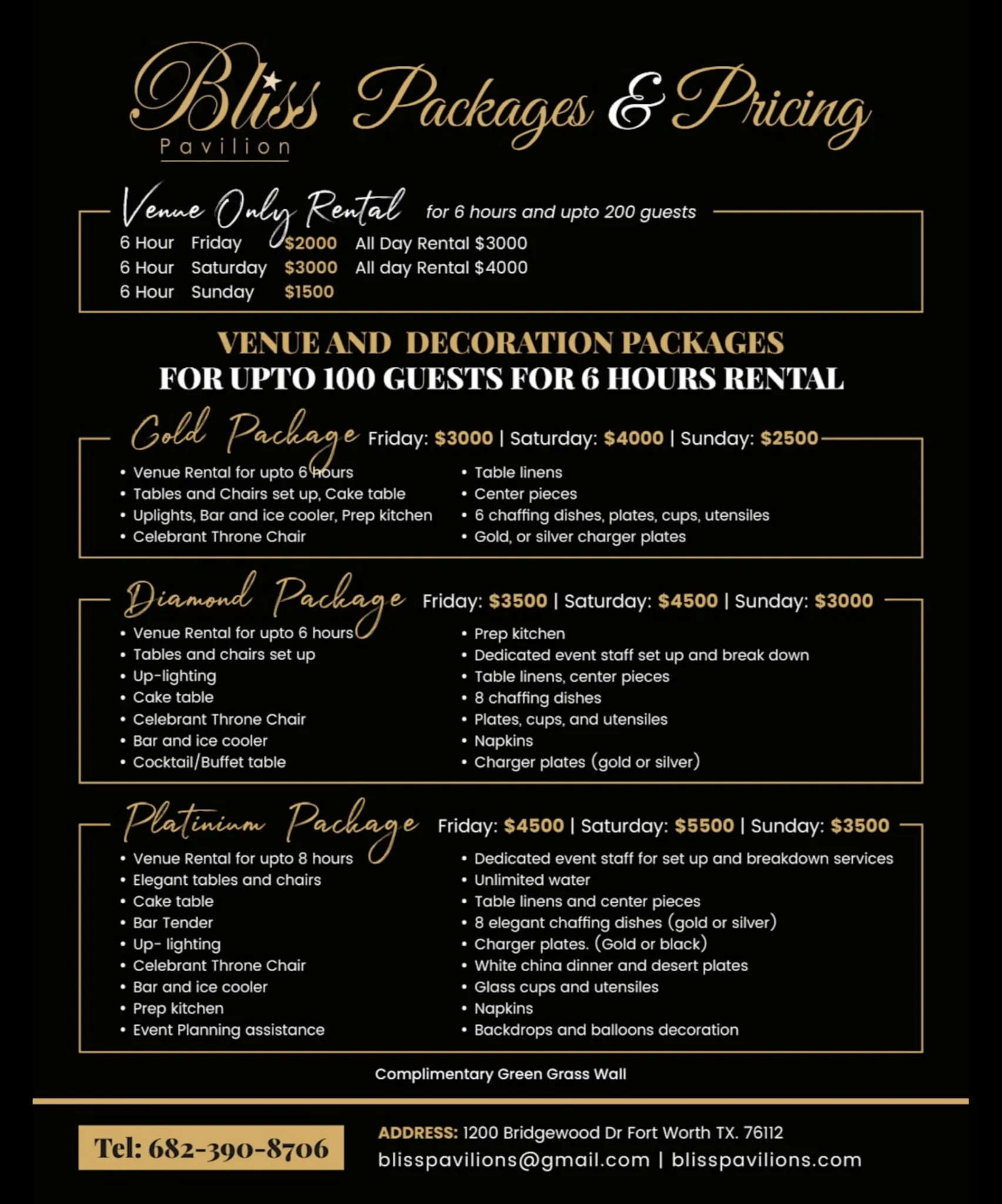 Bliss Pavilion Event Center packages